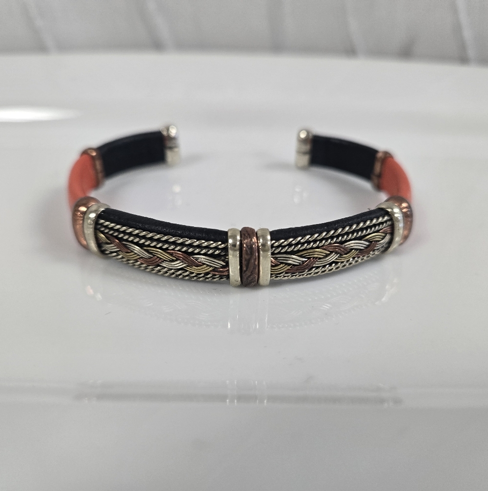 Orange Leather & Braided Copper Adjustable Cuff Bracelet By HPSilver